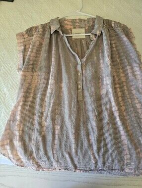 Lucky Brand Pink and Gray Tie-Dye Henley Cap Sleeve Top